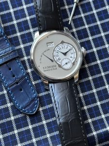 F.P. Journe Octa Automatique with silver dial, big date and power reserve, on a black alligator strap