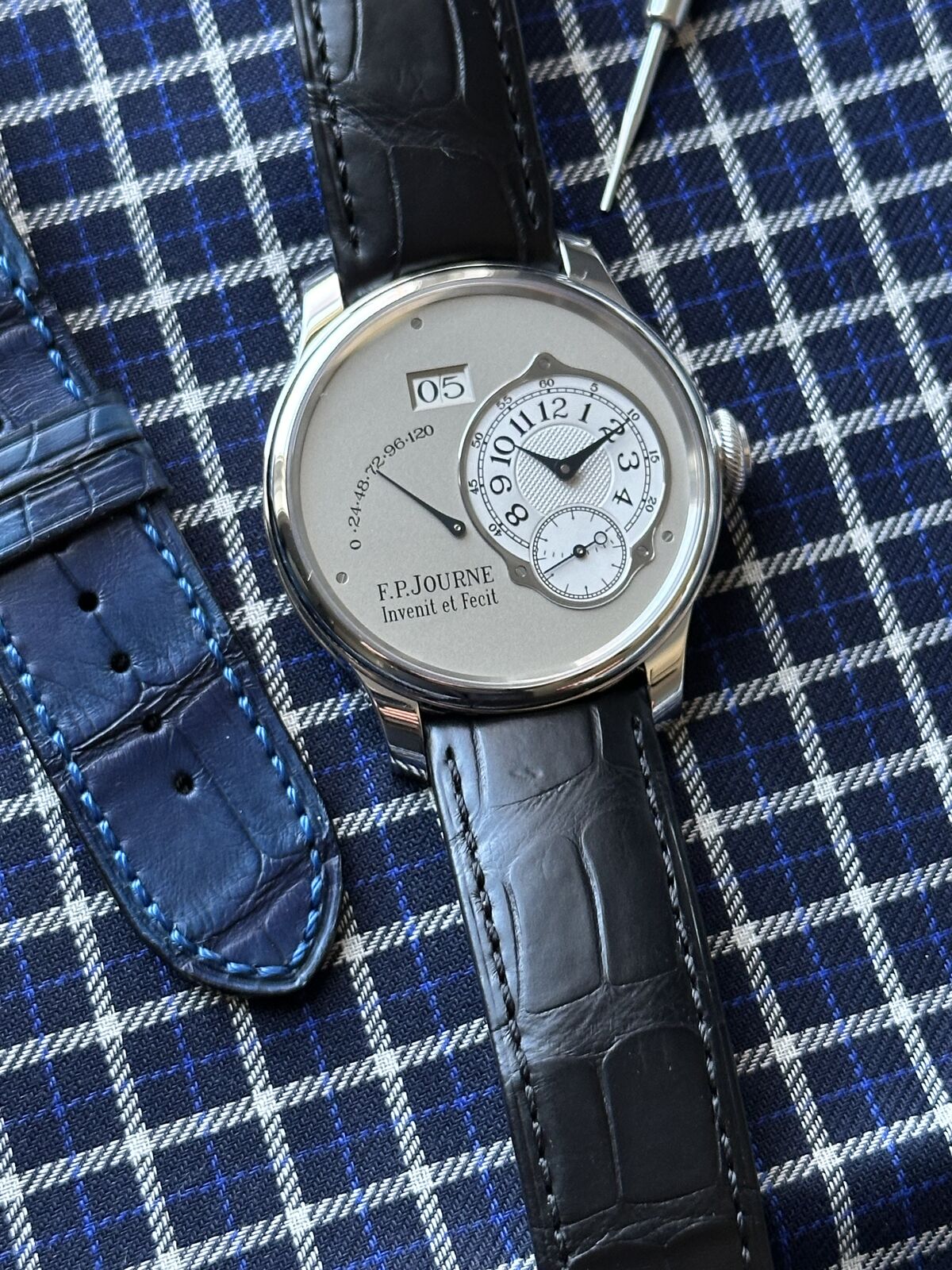 F.P. Journe Octa Automatique with silver dial, big date and power reserve, on a black alligator strap