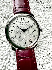 F.P. Journe Chronometre Souverain with silver guilloche dial and burgundy alligator strap