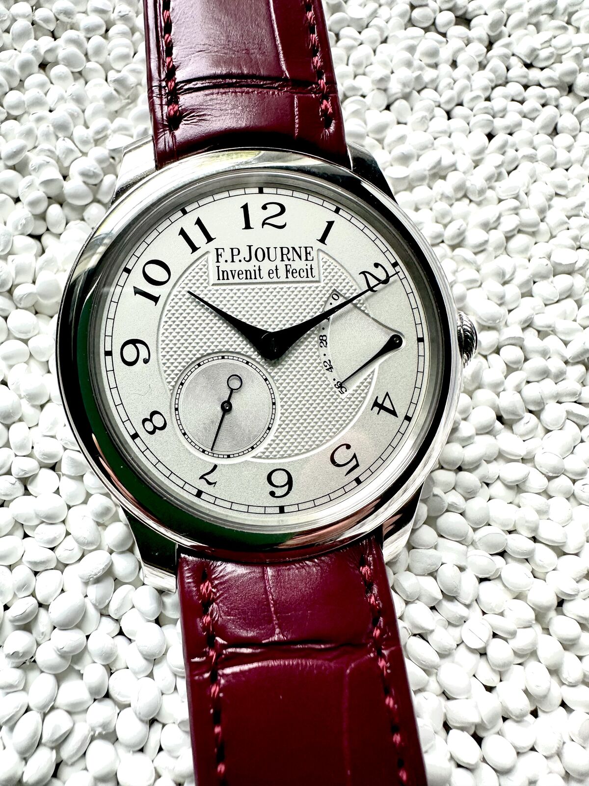 F.P. Journe Chronometre Souverain with silver guilloche dial and burgundy alligator strap